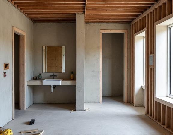The bathroom space during the construction phase of the Korora project.